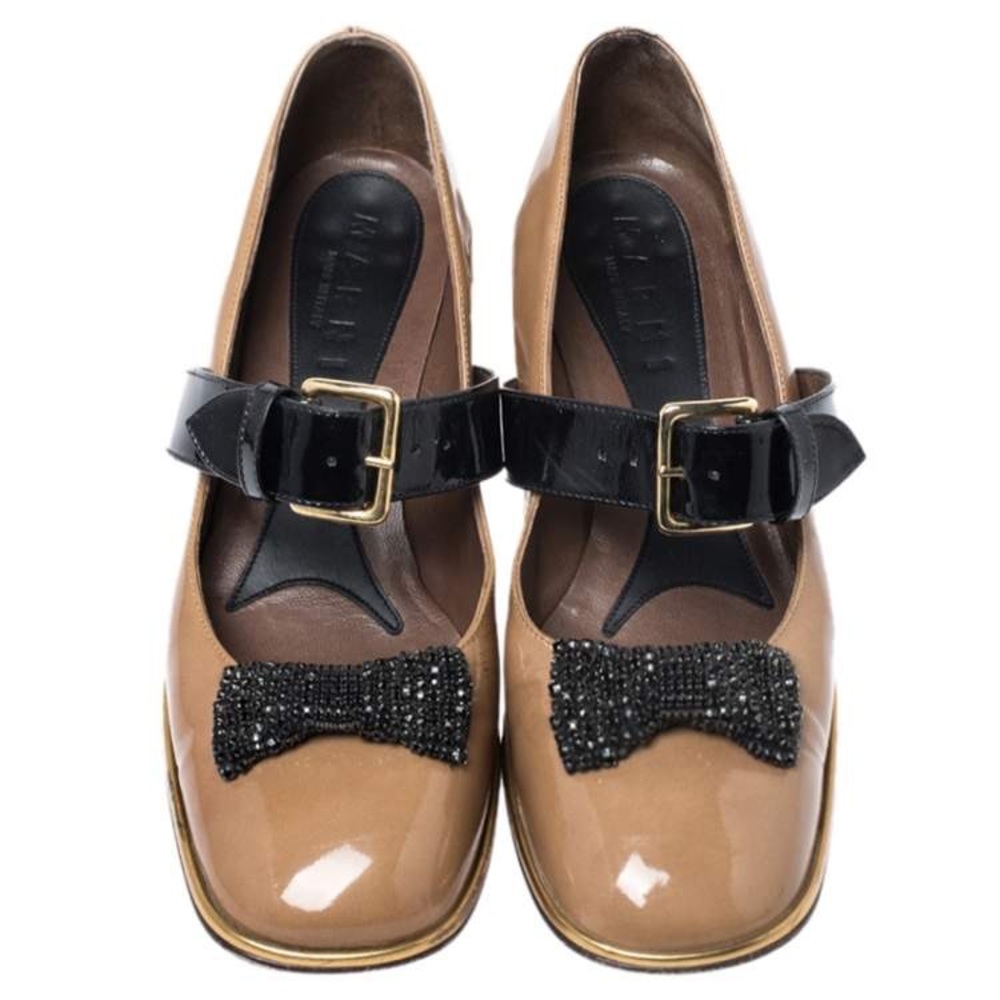 Marni Brown Patent Leather Embellished Bow Mary Jane Buckle Strap Pumps
